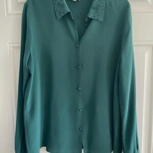 Sezane Green/Teal Button Down Silk Blouse